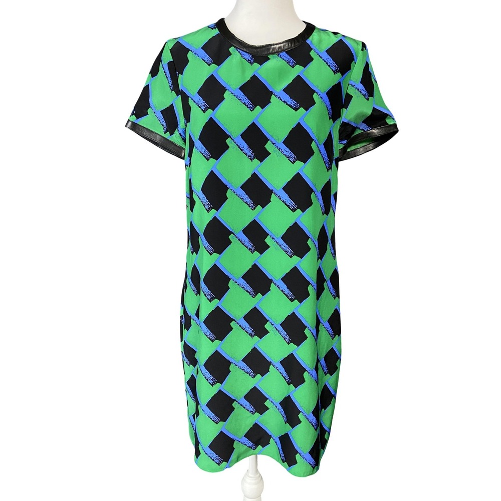 Alice & Trixie‎ Dress Womens Small Green Black Blue Silk Leather Trim Geometric